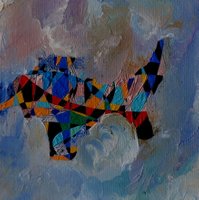 2013. Vliegende dino/Flying dino. Oil on canvaspaper. 10x10  cm. Framed 30x30 cm. ntk/nfs.